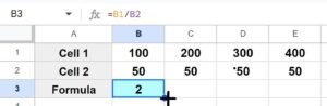 Example of Copying division formula into a row with autofill part 1 initial formula and fill handle showing