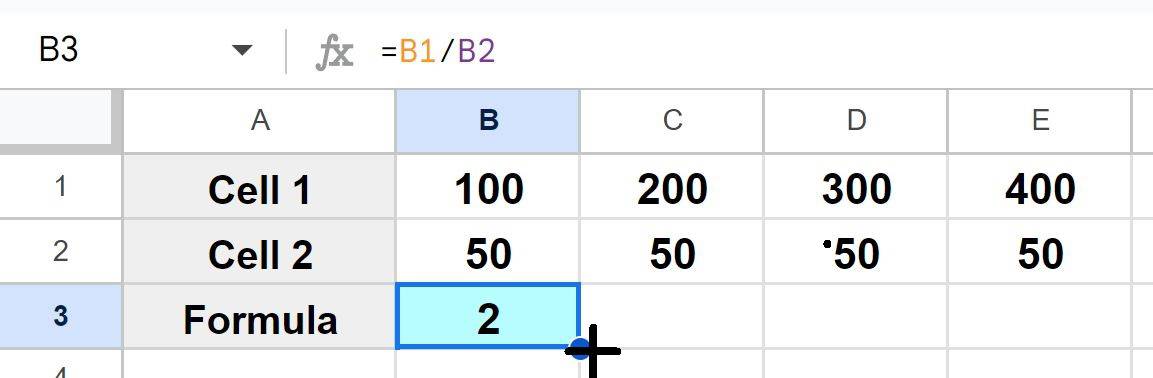 Example of Copying division formula into a row with autofill part 1 initial formula and fill handle showing