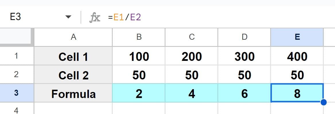 Example of Copying division formula into a row with autofill part 2 after copying formula and cell references adjusted