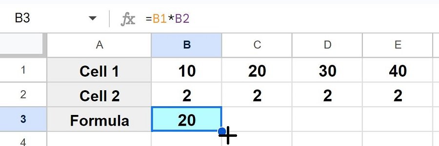 Example of Copying multiplication formula into a row with autofill part 1 initial formula and fill handle showing