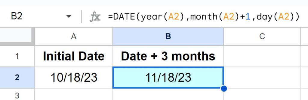 Example of How to add months to a date in Google Sheets with the DATE function
