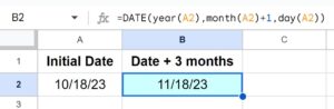 Example of How to add months to a date in Google Sheets with the DATE function