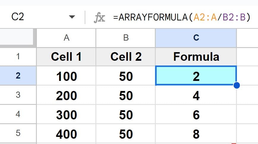 Example of How to apply a division formula to an entire column in Google Sheets