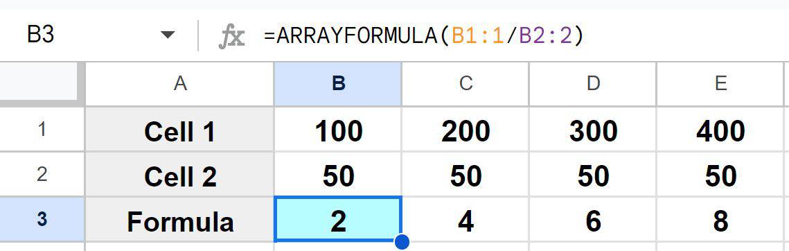 Example of How to apply a division formula to an entire row in Google Sheets