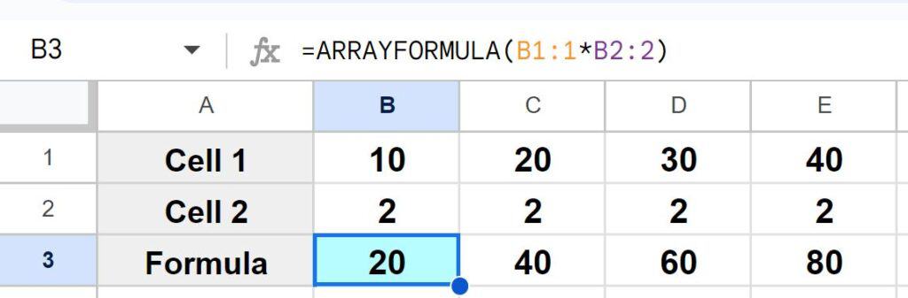 Example of How to apply a multiplication formula to an entire row in Google Sheets