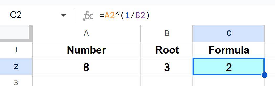 Example of How to cube root and solve any root in Google sheets by using the caret operator