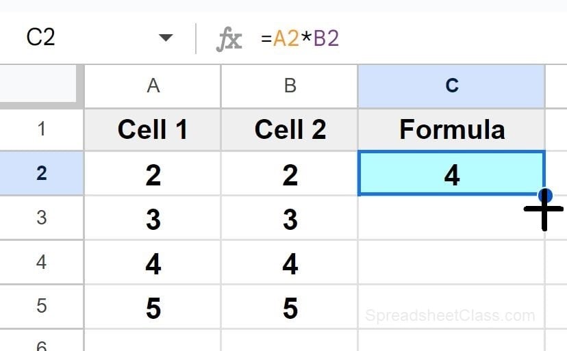Example of image Copying multiplication formula down the column with autofill part 1 initial formula and fill handle showing
