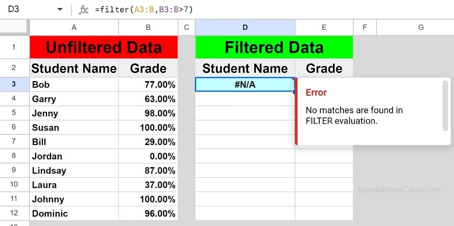 "No matches are found in filter evaluation" Error example for the FILTER function