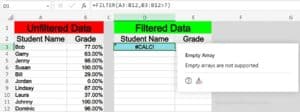 Example of No matches in FILTER function empty array error saying empty arrays are not supported in Excel