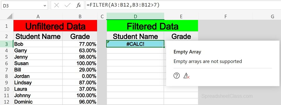 Example of No matches in FILTER function empty array error saying empty arrays are not supported in Excel