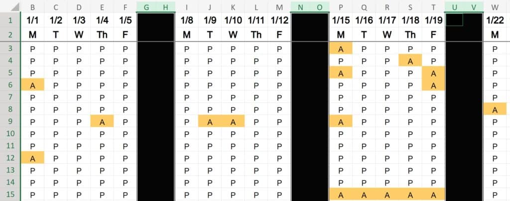 Example of Non adjacent columns selected in Excel