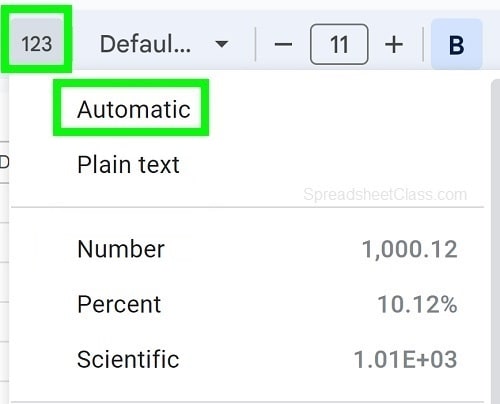 Example of Remove date format in Google Sheets part 2 selecting automatic format from the more formats menu
