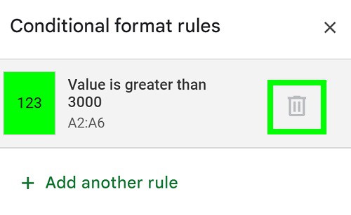 Example of Removing a conditional formatting rule in Google Sheets