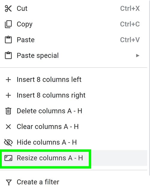 Example of the Resize columns option after right clicking on a selected column in Google Sheets