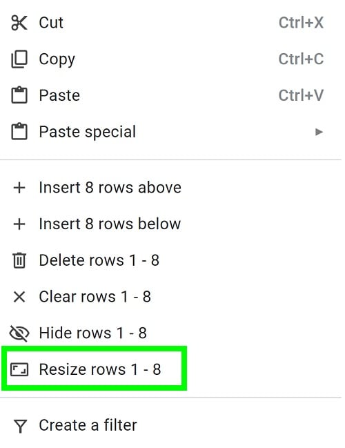 Example of the Resize rows option after right clicking on a selected row in Google Sheets