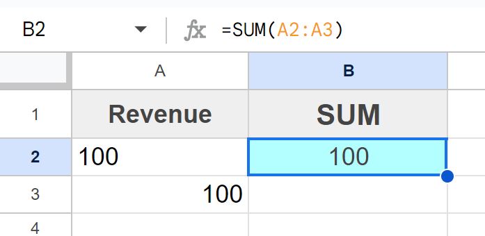 Example of the SUM function error when data is not formatted as a number but as text instead in Google Sheets