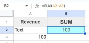 Example of the SUM function error when text is in the column being summed in Google Sheets