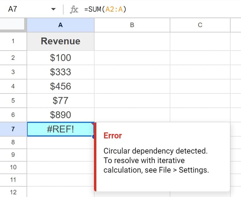 Example of the SUM function error when there is a circular dependency in Google Sheets
