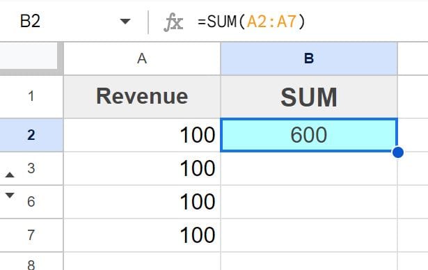 Example of the SUM function when rows are hidden in Google Sheets