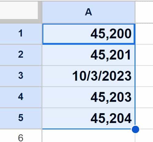 Example of Selected range to remove date formatting from in Google Sheets