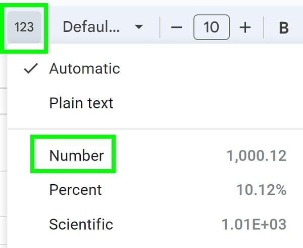 Example of Selecting number format in the more formats menu in Google Sheets to convert dates to numbers