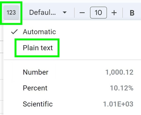 Example of Selecting plain text format in the more formats menu in Google Sheets to convert dates to text