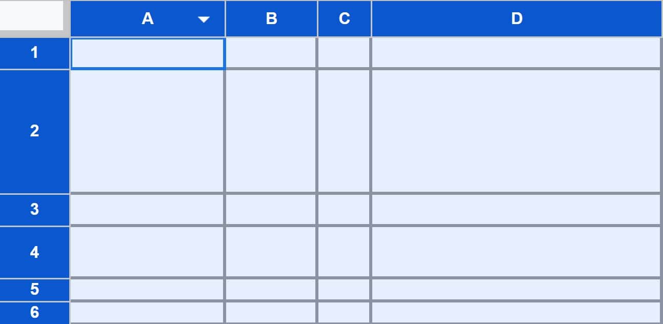 Example of Selecting rows and columns to make cell the same size in Google Sheets