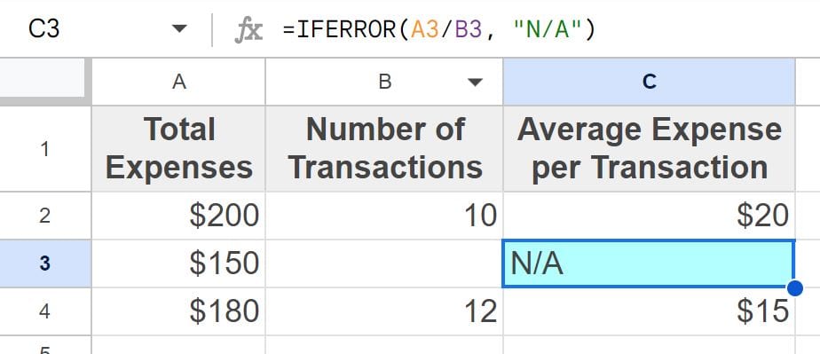 Example of Using the IFERROR function to fix the divide by zero error when dividing in Google Sheets