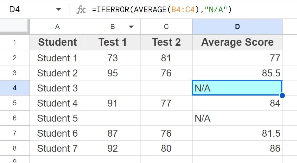 Example of Using the IFERROR function to remove the divide by zero error when using the AVERAGE function in Google Sheets