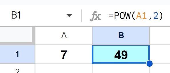 Example of Using the POW and POWER function to square and solve exponents in Google Sheets
