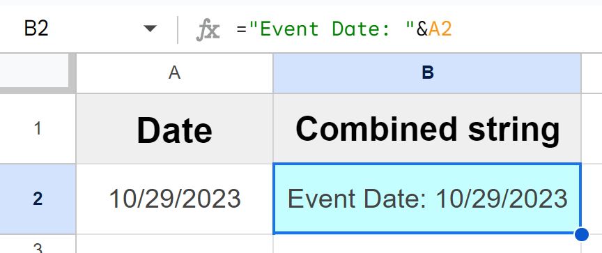 Example of Using the ampersand to combine dates with a string of text in Google Sheets