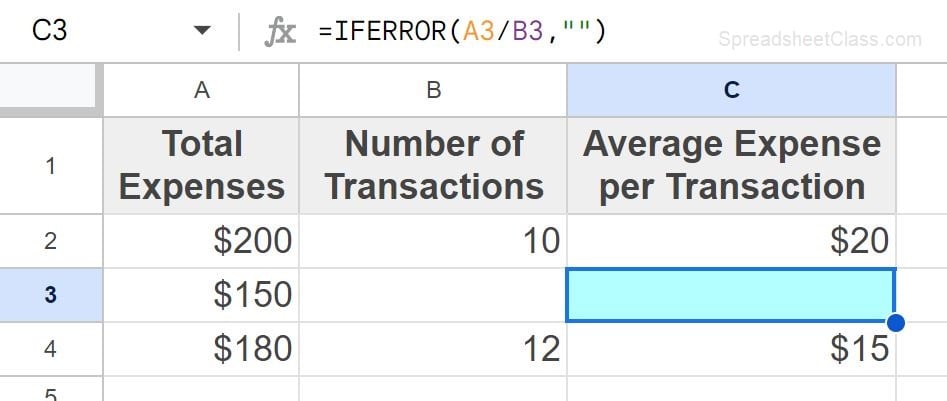 Example of Using the if error function to display a blank cell if there is an error