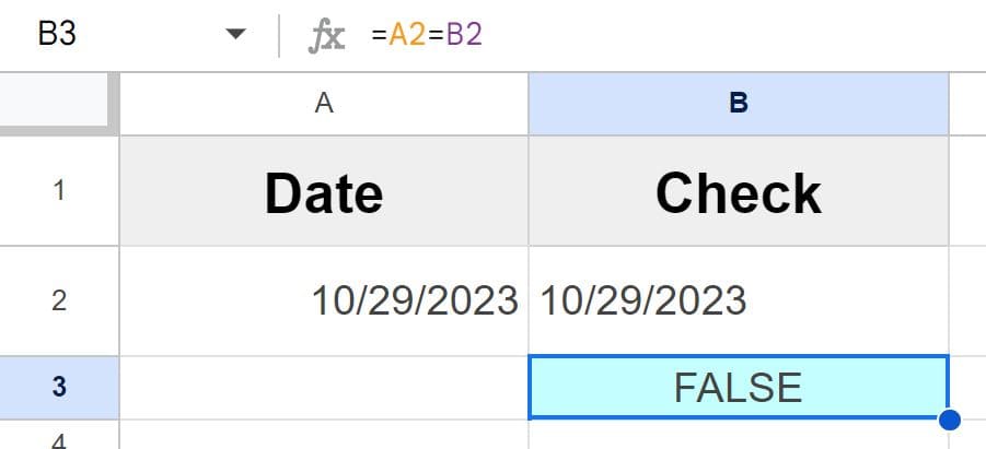 Example of Verifying that a date is text in Google Sheets method 2