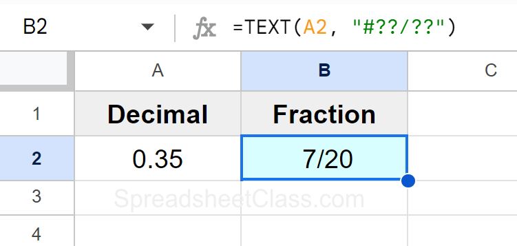 Example of Adding extra question mark to the TEXT function in Google Sheets when displaying fractions