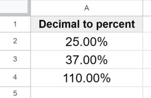 Example After converting decimals to percent in Google Sheets