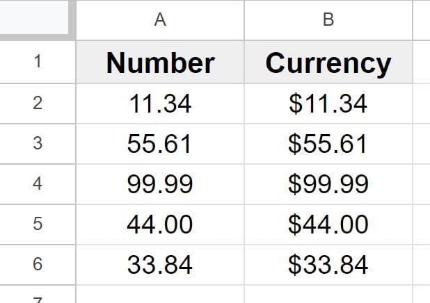 Example that shows what values look like after formatting cells in currency format. Example showing numbers before and after in Google Sheets