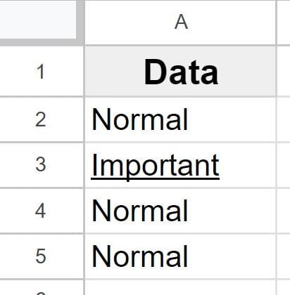Example After underlining text in Google Sheets