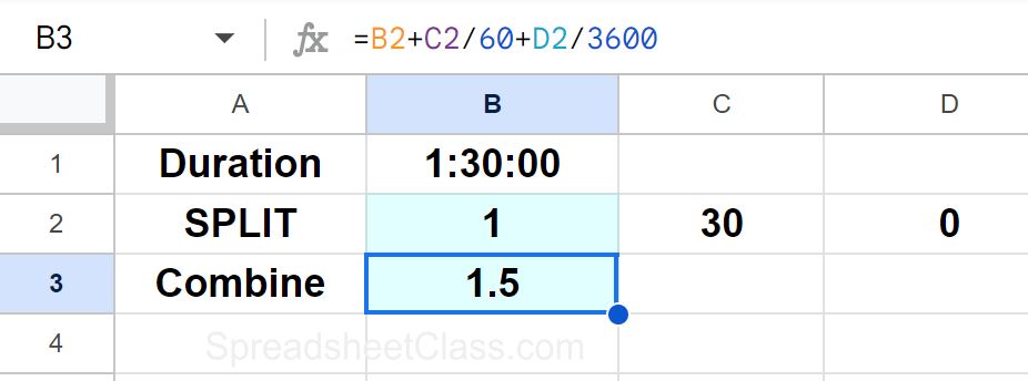 Example of an Alternative method 2 for converting duration to decimal in Google Sheets