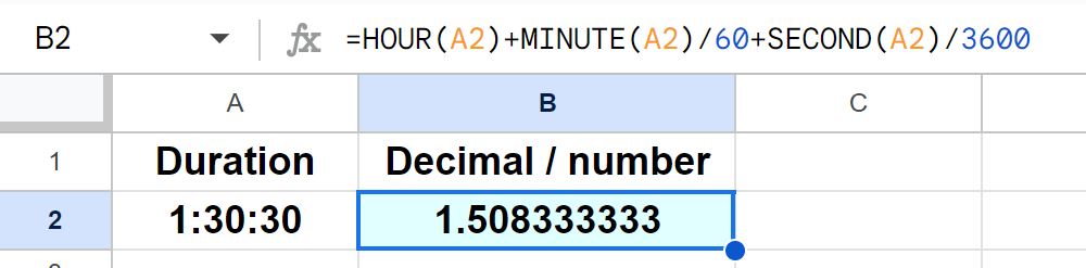 Example of an Alternative method for converting duration to decimal in Google Sheets by using the HOUR MINUTE and SECOND functions