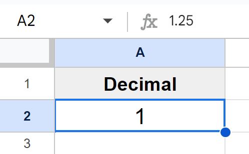 Example of Before adding decimal places in Google Sheets