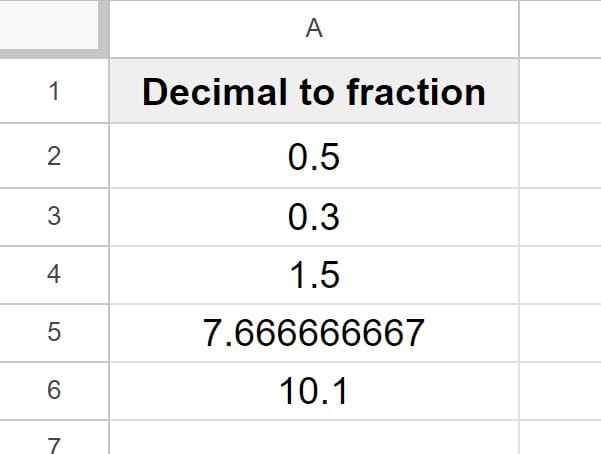 Example Before converting decimals to fractions with custom cell formatting in Google Sheets