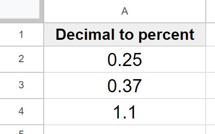 Example Before converting decimals to percent in Google Sheets