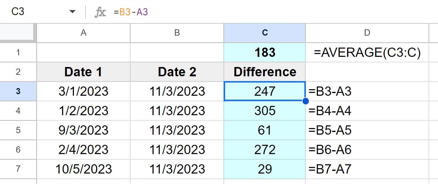 Example of Calculating days between multiple dates and finding the average days between dates in Google Sheets