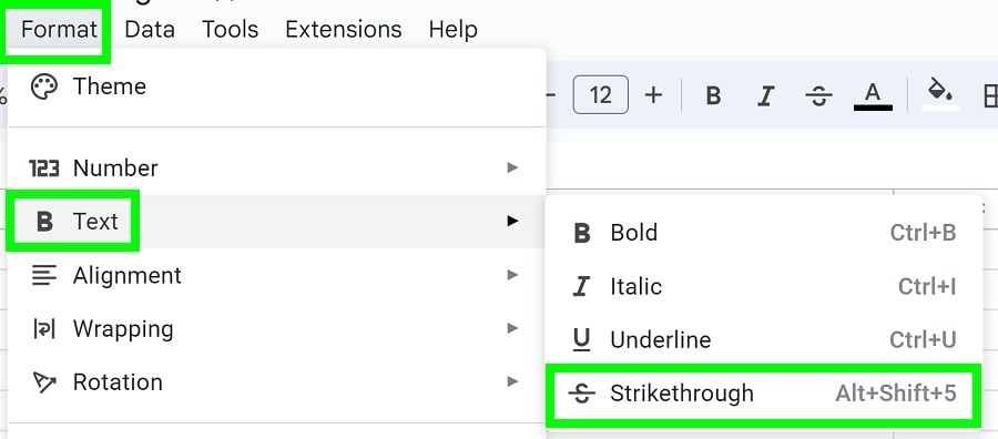 Clicking Strikethrough in the Format menu in Google Sheets New
