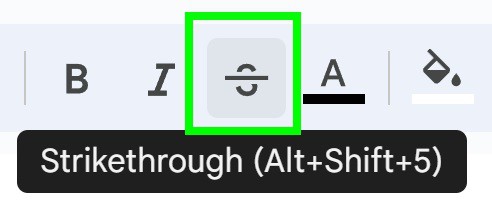 Clicking Strikethrough on the top toolbar in Google Sheets with the strikethrough shortcut displayed