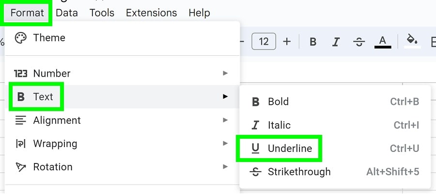 Example of Clicking Underline in the Format menu in Google Sheets