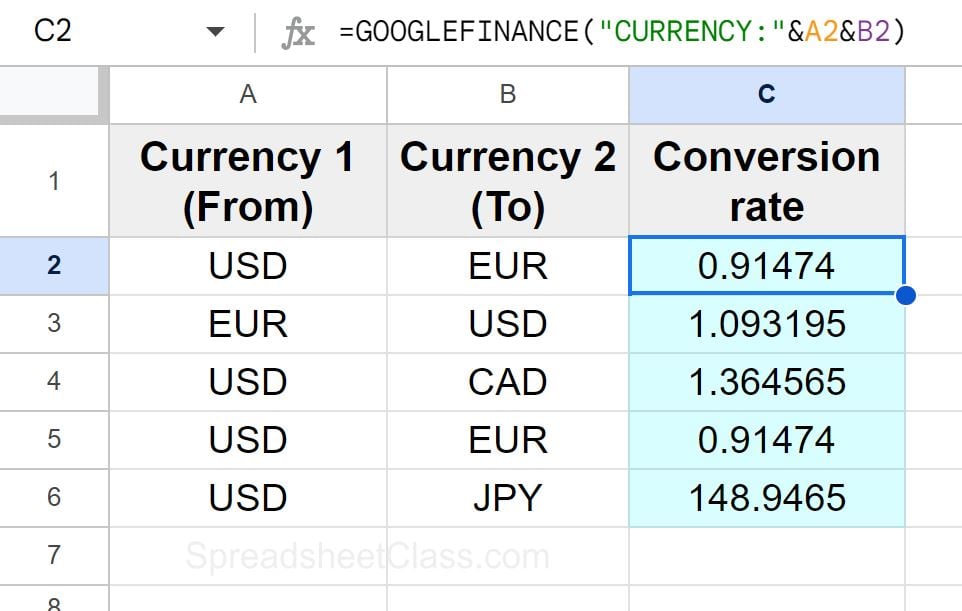 Example of Converting currency in Google Sheets by using cell references finding the conversion rate with GOOGLEFINANCE