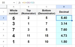 Example of Converting fractions to decimals when there is a whole number Google Sheets