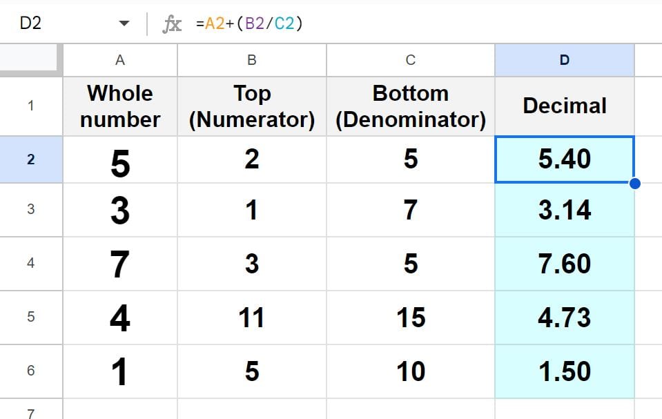 Example of Converting fractions to decimals when there is a whole number Google Sheets