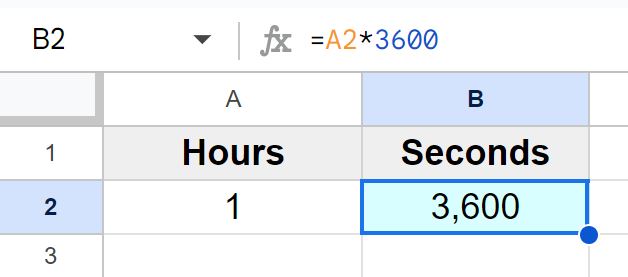 Example of Converting hours to seconds in Google Sheets